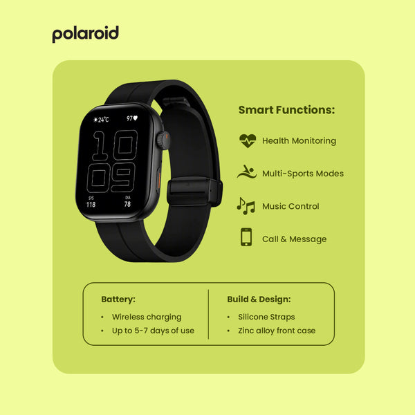 Black smartwatch on a green background with Polaroid branding and feature list.