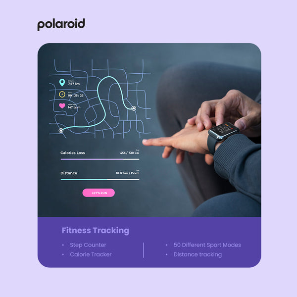 PA86 Polaroid Fit Active Watch with fitness user interface on a purple background