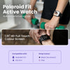 Polaroid Fit Active Watch with text highlighting features and compatibility on a blurred background.
