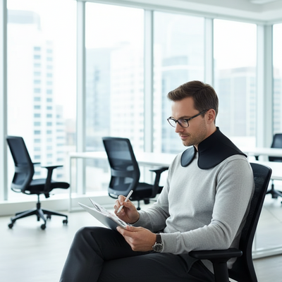 Man sitting in a modern office chair writing on a notepad with large windows in the background.