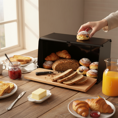 Black bread box with assorted bread and pastries on a wooden table with breakfast items.