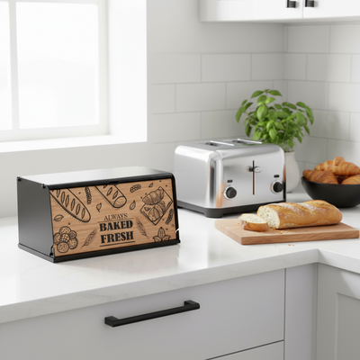 Kitchen counter with a bread box, toaster, and bread slices on a cutting board.