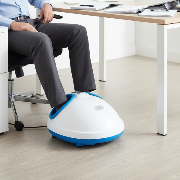 Person using a foot massager in an office setting
