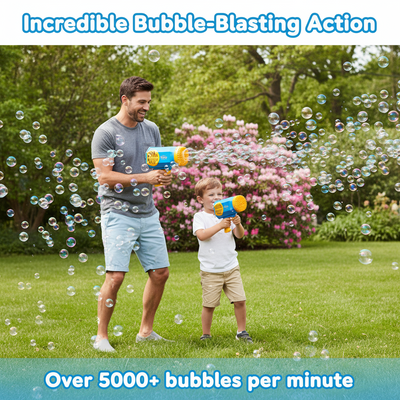 Man and child playing with bubble guns in a garden with text about bubble-blasting action.