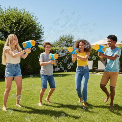Four children playing with bubble guns in a grassy yard on a sunny day.