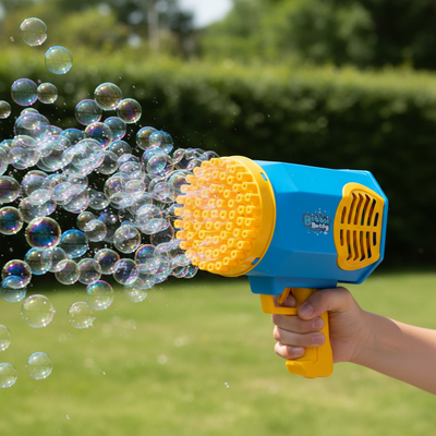 Yellow and blue bubble gun being used to create bubbles outdoors.