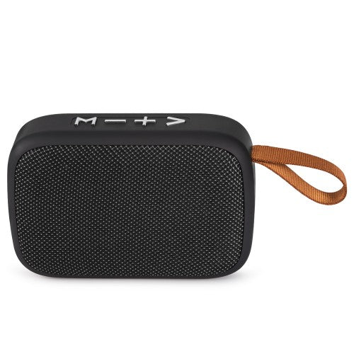 Black portable speaker with a brown strap on a white background