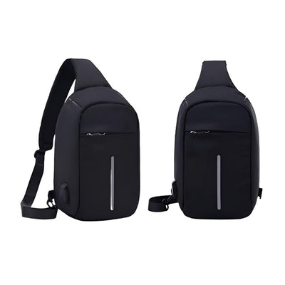 Two black sling bags on a white background