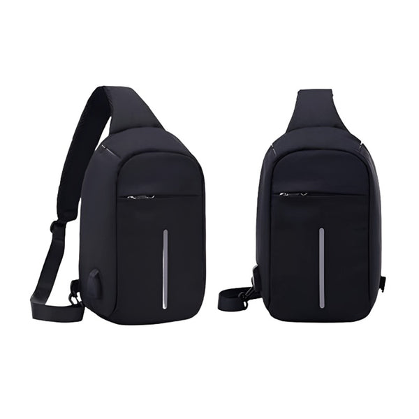 Two black sling bags on a white background