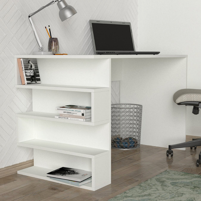 White L-shaped study desk with shelves, laptop, books, and lamp in a room setting.