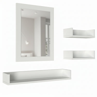 White wall-mounted mirror and shelves on a white background