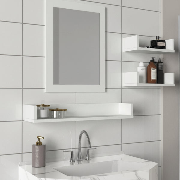 Bathroom with white tiles, sink, and shelves with toiletries.