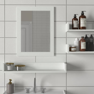 Bathroom vanity with mirror and shelves against a tiled wall
