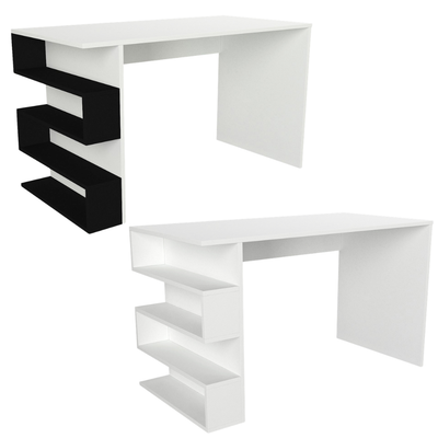 White and black modern desk with geometric design on a white background