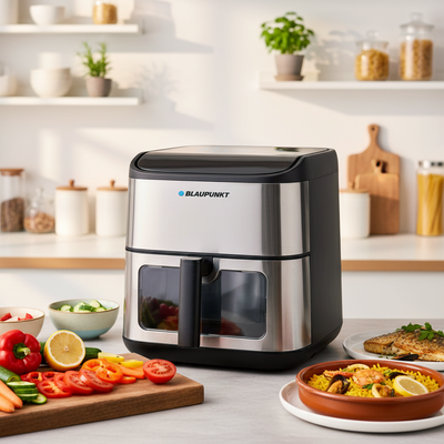 Blaupunkt air fryer on a kitchen counter with food and vegetables in the background