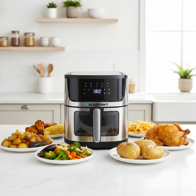 Blaupunkt air fryer on a kitchen counter with various dishes including a roasted chicken, vegetables, and fries.