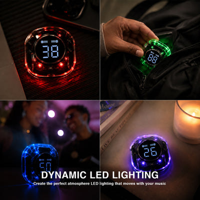 A four-panel collage showing a small square digital LED light Earphone Charging Case in different coloured modes: red, green, blue, and purple, with one panel showing a hand holding the glowing device inside a black bag. Text at the bottom reads 'DYNAMIC LED LIGHTING' and 'Create the perfect atmosphere LED lighting that moves with your music.
