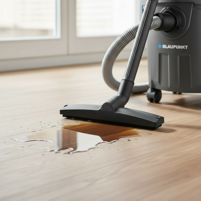 Blaupunkt vacuum cleaner cleaning a spill on a wooden floor.