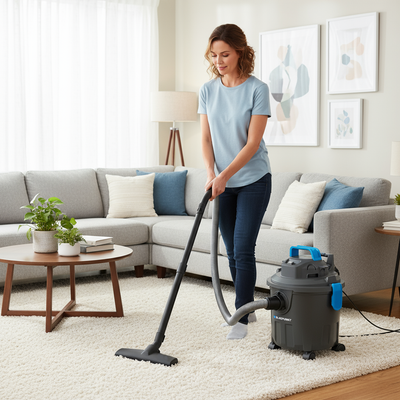 Woman using a vacuum cleaner in a living room
