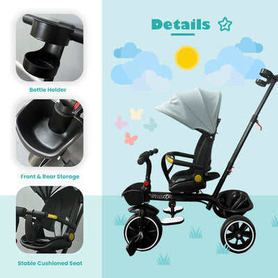 Baby tricycle with bottle holder, front and rear storage, and cushioned seat on a blue background with cloud and sun graphics.
