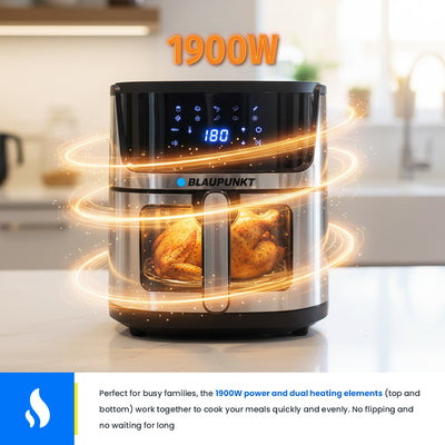 Blaupunkt air fryer with a chicken inside on a kitchen counter, showing 1900W power.