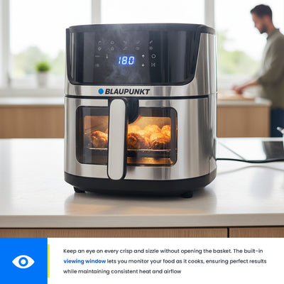 Blaupunkt air fryer on a kitchen counter with a person in the background