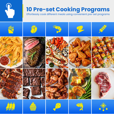 Collage of various food images with cooking program icons on a blue background