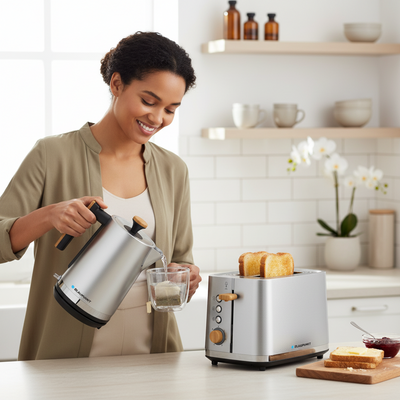 Woman making coffee in a kitchen with a toaster and toast visible.