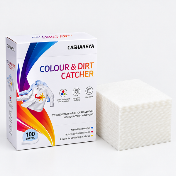 A box of Cashareya Colour & Dirt Catcher dye absorption tablets next to a stack of white square sheets on a clean white background.