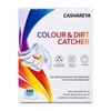 A box of CASHAREYA Colour & Dirt Catcher dye absorption tablets, featuring a white background with colorful abstract graphics in blue, purple, orange, and red, and an illustration of a white shirt with a yellow flame motif.