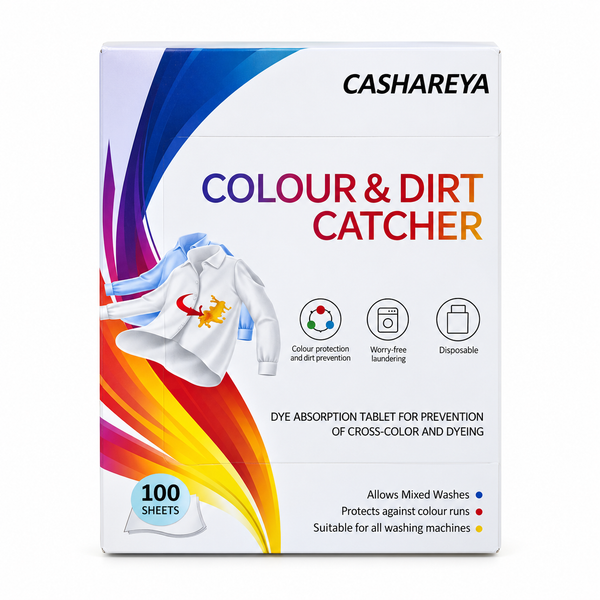 A box of CASHAREYA Colour & Dirt Catcher dye absorption tablets, featuring a white background with colorful abstract graphics in blue, purple, orange, and red, and an illustration of a white shirt with a yellow flame motif.