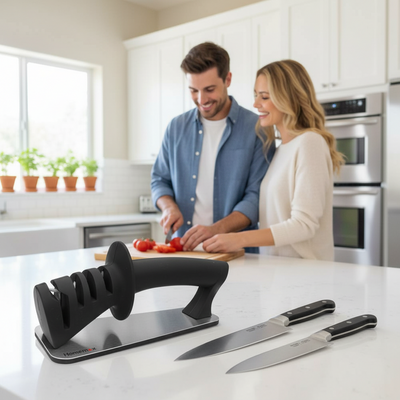 Man and woman preparing food in a kitchen with a knife sharpener in the foreground.