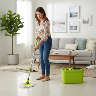 Woman cleaning a living room with a green mop and bucket 360° Spinning Mop Bucket System