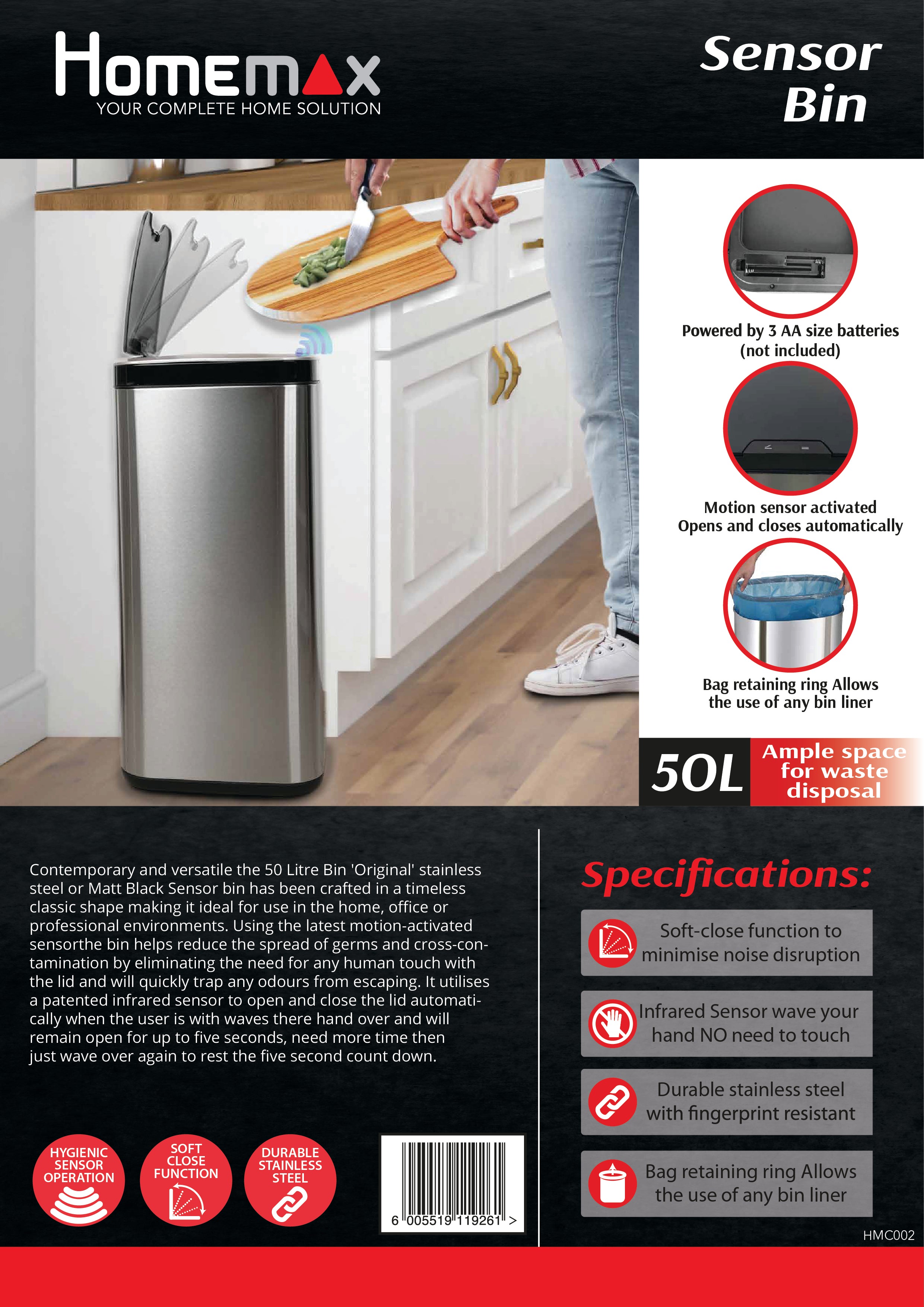 NEW Homemax 50L Sensor Bin Homemark