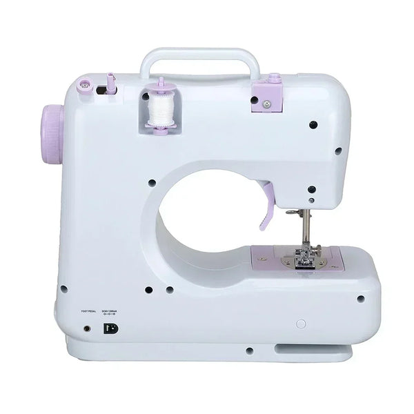 White sewing machine with a spool of thread on a white background