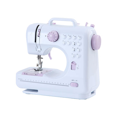 White and pink sewing machine on a white background
