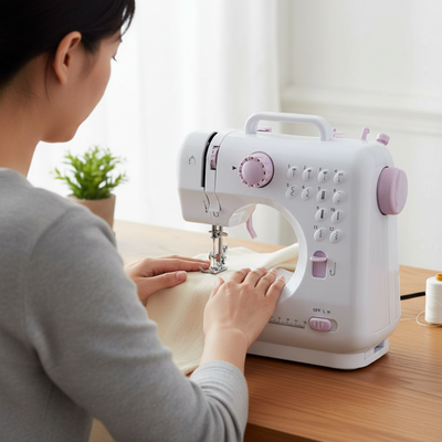 Person using a white and pink sewing machine on a wooden table.