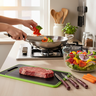 Homemax 4-in-1 Chopping & Defrosting Board + Forged in Fire Steak Knife - 6pc Set | BUNDLE