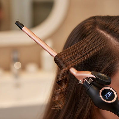 Person using a hair curling iron with a blurred bathroom background