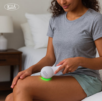 Woman using the IGIA Cavitat on her leg in a bedroom setting