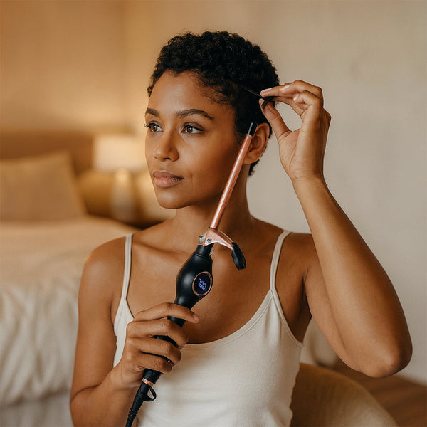 Woman using a curling iron in a bedroom setting