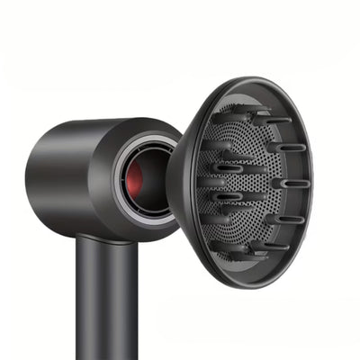 Black hair dryer with a nozzle attachment on a white background