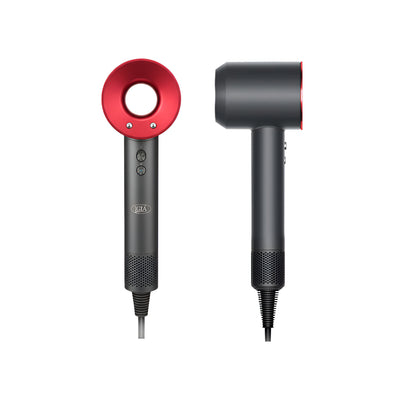 Two hair dryers, one red and black, the other gray and black, on a white background.