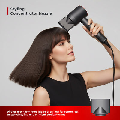 Woman using a hair dryer with a styling concentrator nozzle on a plain background