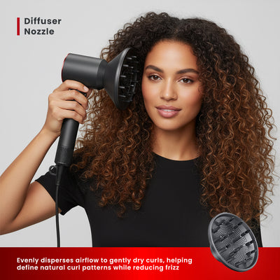 Woman using a hair dryer with a diffuser nozzle on a plain background