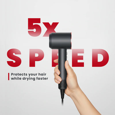 Hand holding a black hair dryer with text highlighting speed and hair protection on a light gray background