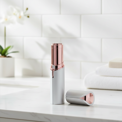 A handheld electric facial shaving device with a white body and rose gold metallic accents, shown standing upright with its cap placed beside it on a white marble countertop in a bright bathroom setting.