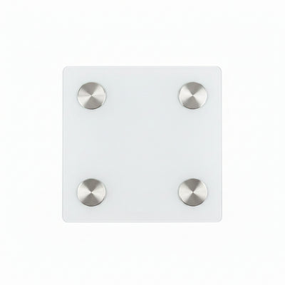 A square white glass body massager scale with four brushed silver metal feet positioned in the corners, shown against a plain white background.