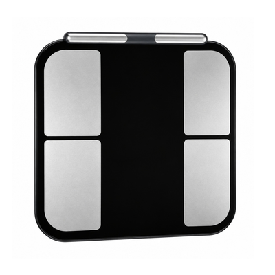 A modern digital body scale with a black frame and four silver metallic sensors, shown on a solid white background.