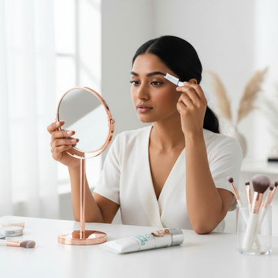 Woman trimming her eyebrows in front of a mirror with a dermaplaner on the table.